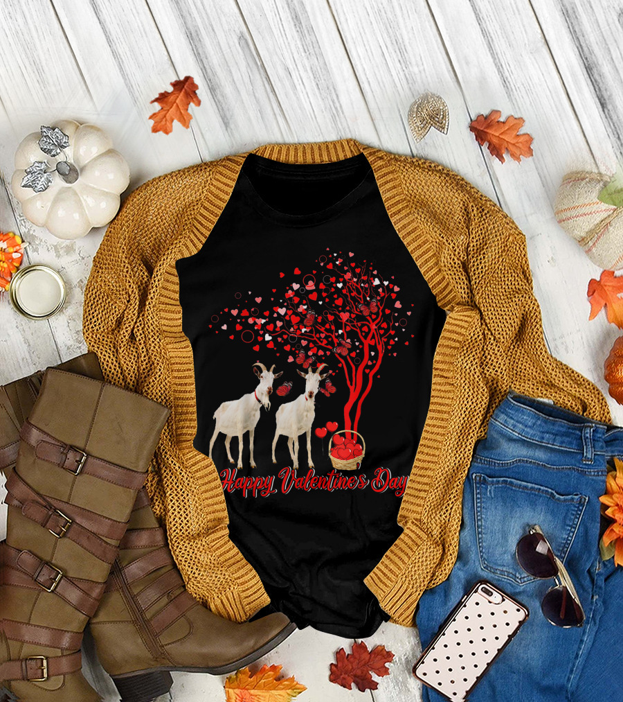 Happy Valentine's Day Goat Lover Butterfly Heart Tree T-Shirt