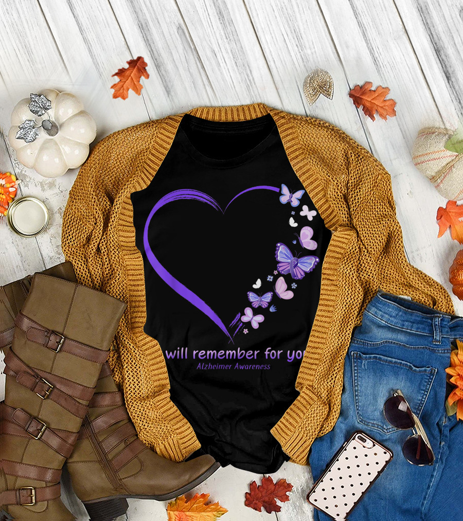 I Will Remember For You Purple Heart Butterfly Alzheimer's Awareness T-Shirt