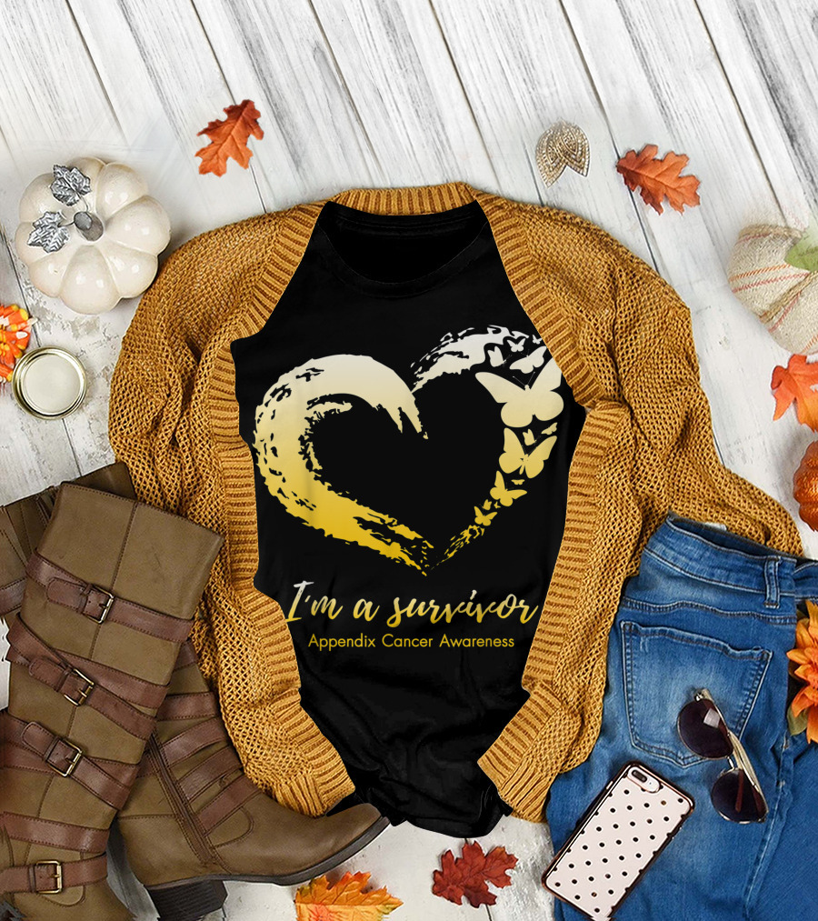 I'm a Survivor Heart Butterfly Appendix Cancer Awareness T-Shirt