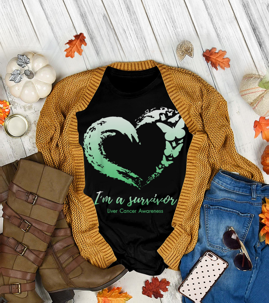 I'm a Survivor Liver Cancer Awareness Heart Butterfly Green T-Shirt
