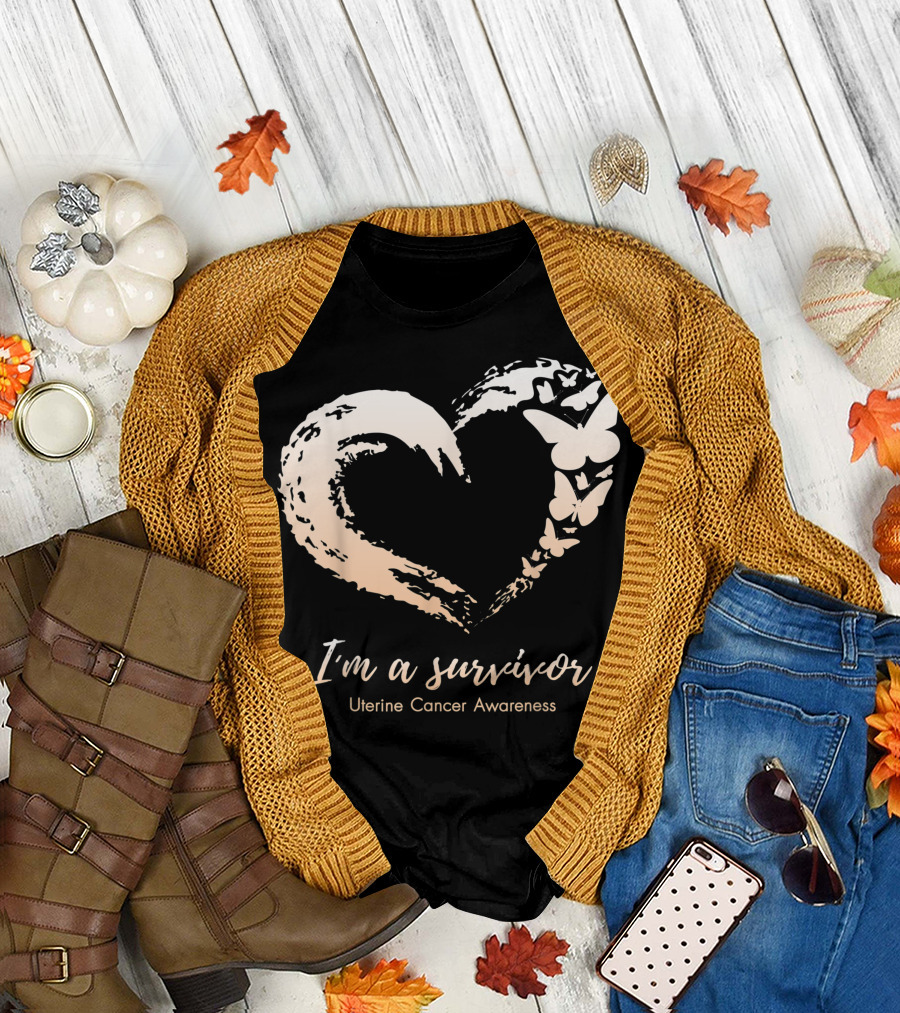 I'm a Survivor Uterine Cancer Awareness Heart with Butterflies T-Shirt