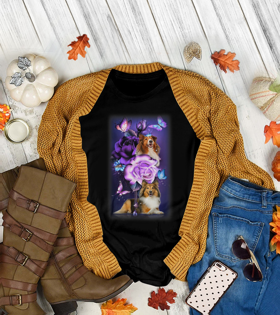 Magical Love Sheltie with Purple Roses and Butterflies T-Shirt