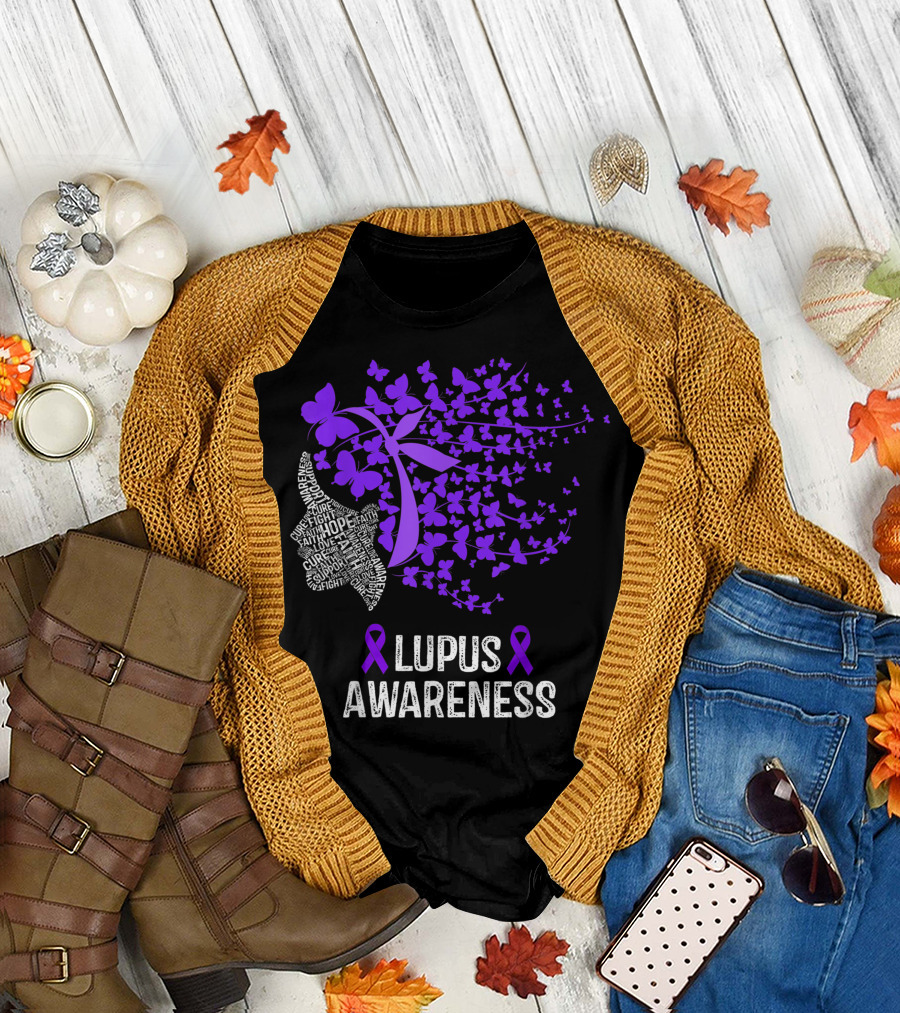 Lupus Awareness Hope Faith Cure Fight Purple Butterflies T-Shirt