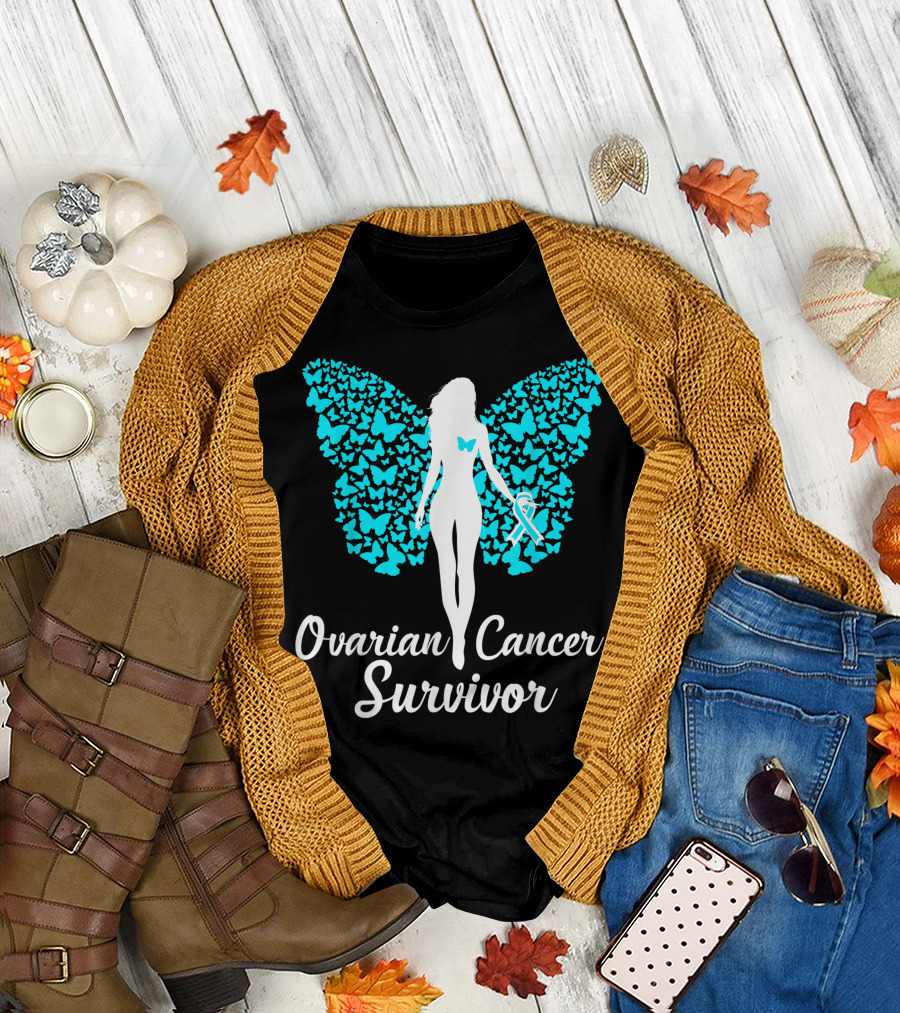 Ovarian Cancer Survivor Butterfly Ribbon Awareness Teal T-Shirt