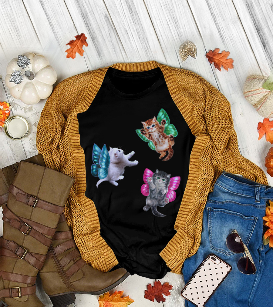 Kitten Cupid Angel Butterfly Wings Cute Cat Trio T-Shirt