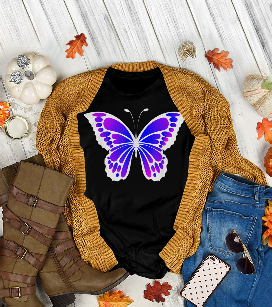 White Blue Purple Butterfly Pattern Wings T-Shirt