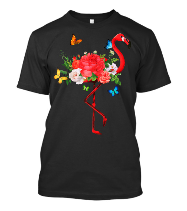 Flamingo Flowers Butterflies Summer Blooming Flamingos T-Shirt