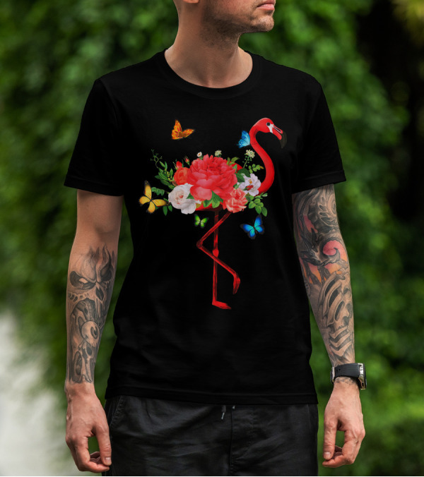Flamingo Flowers Butterflies Summer Blooming Flamingos T-Shirt
