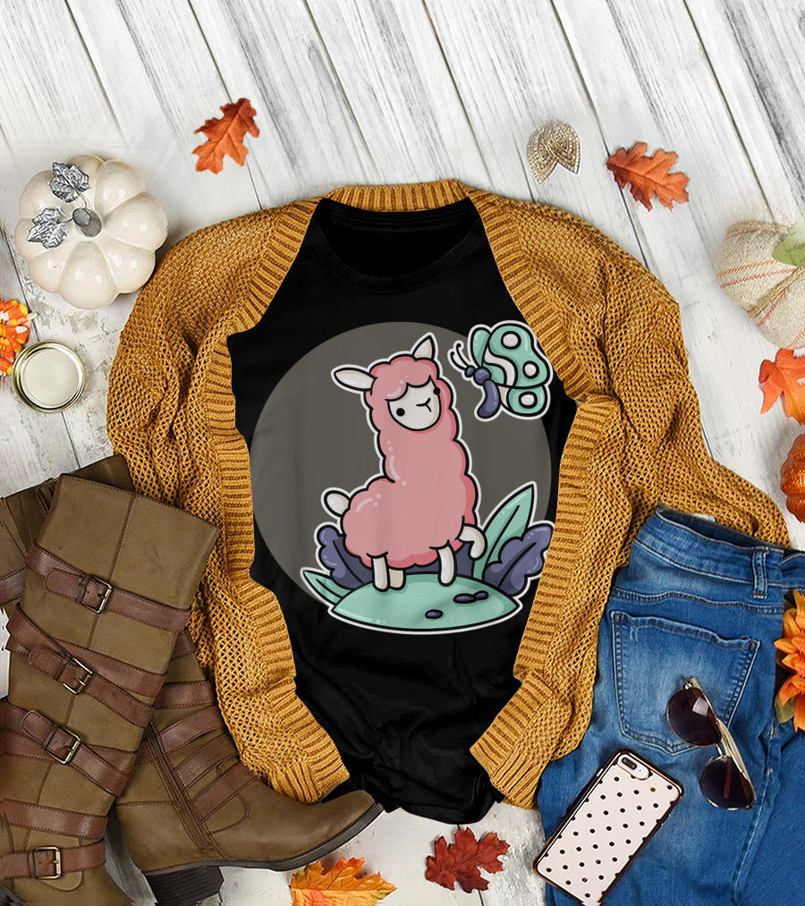 Pink Alpaca Llama with Butterfly Nature Lover Trendy T-Shirt