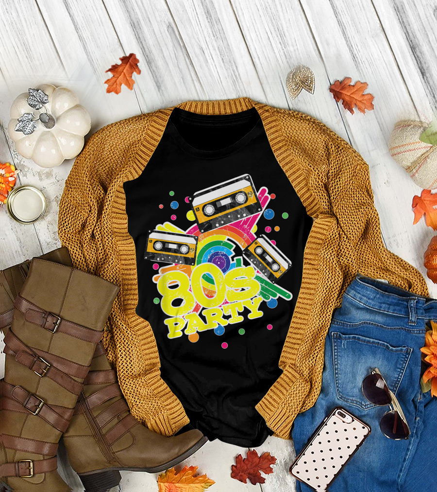 80s Party Colorful Cassette Old School Rainbow Dots T-Shirt