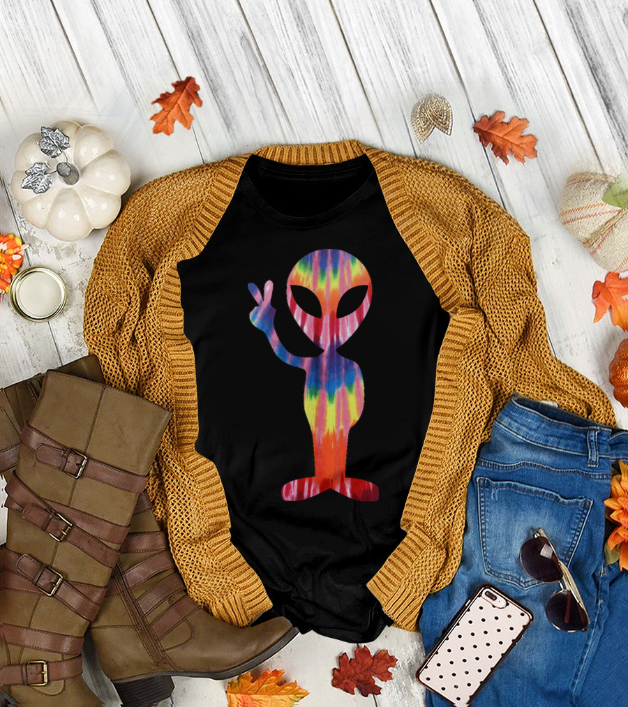 Alien Tie Dye Peace Sign 70s Hippie Outer Space Colorful T-Shirt