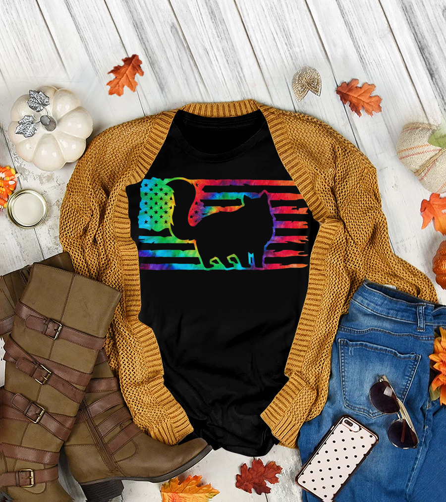 American Flag Rainbow Tie Dye Hippy Cat T-Shirt