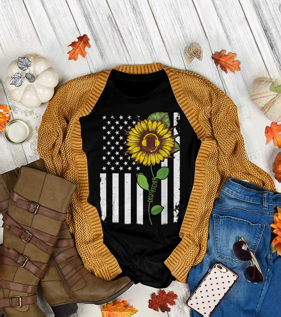 American Flag Sunflower Headphones Dispatcher Hippie T-Shirt