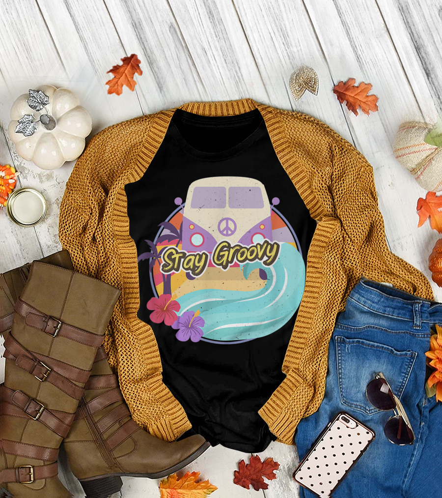 Stay Groovy Vintage Hippie Bus with Peace Symbol and Tropical Surf Vibes T-Shirt