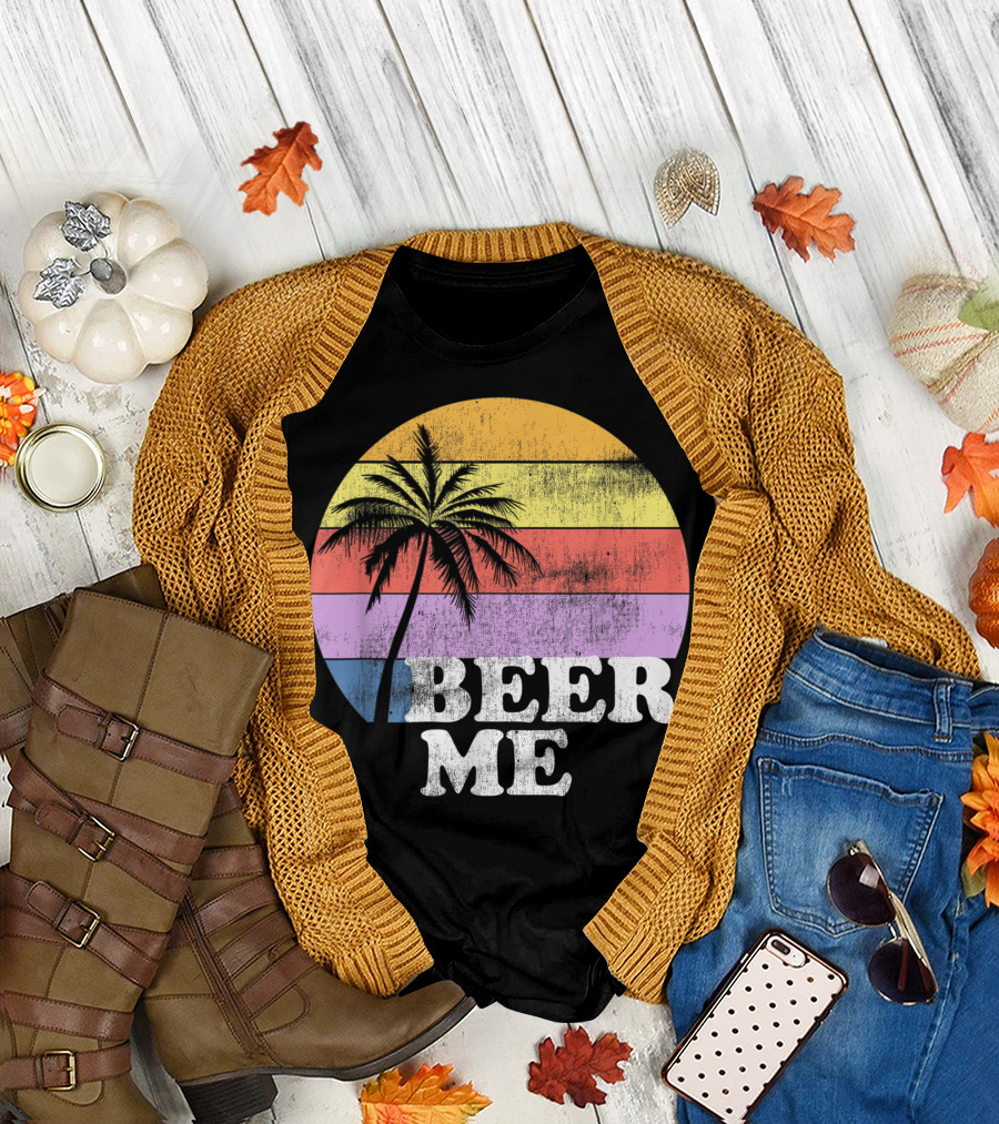 Beer Me Vintage Style Palm Tree Sunset Beer Lovers T-Shirt