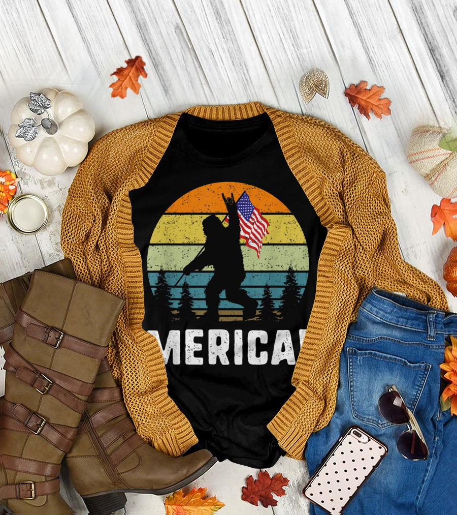 Merica Bigfoot Rock And Roll Usa Flag Forest Sasquatch T-Shirt