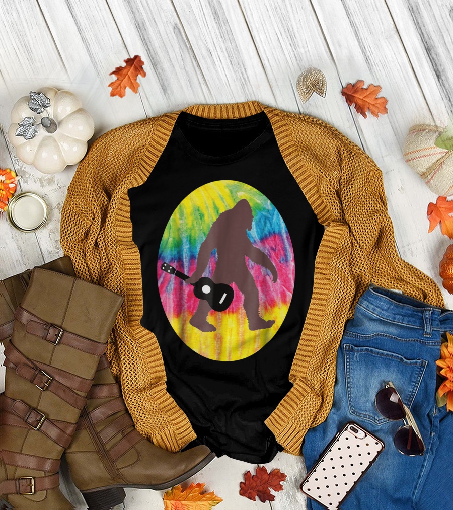 Bigfoot Tie Dyed Hippie Sasquatch Playing Guitar T-Shirt