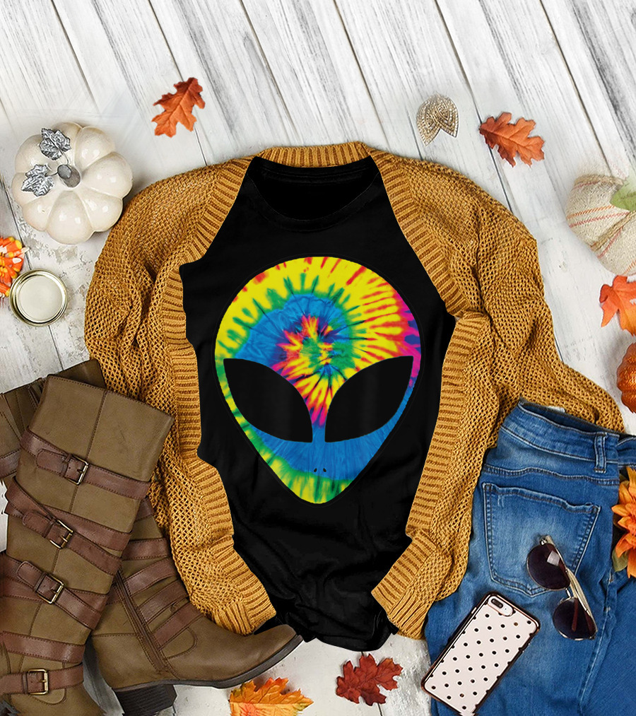 Bright Rainbow Tie Dye Alien Head Extraterrestrial Cool Tye Die T-Shirt