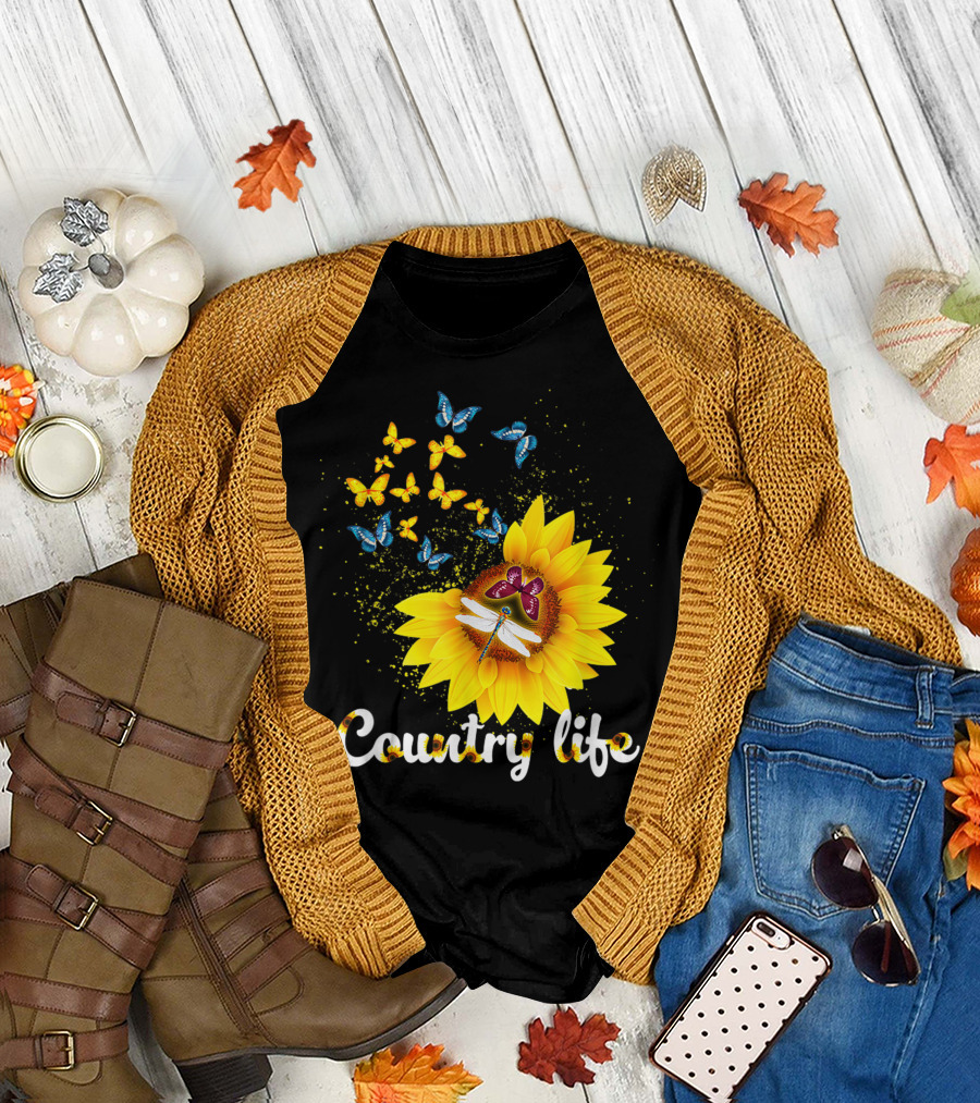 Butterfly Dragonfly Sunflower Country Life T-Shirt
