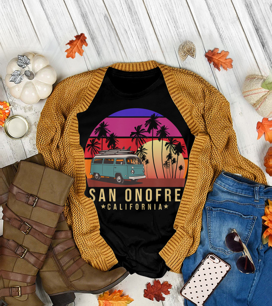 San Onofre California Vintage Surf Van Sunset Palms T-Shirt