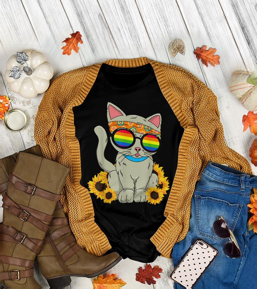 Cat Wearing Rainbow Glasses and Flower Headband Surrounded by Sunflowers T-Shirt