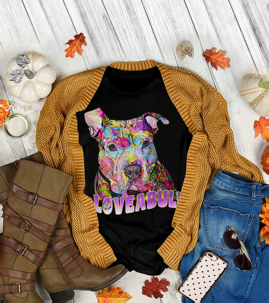 Colorful Loveabull Pitbull Art with Floral and Star T-Shirt