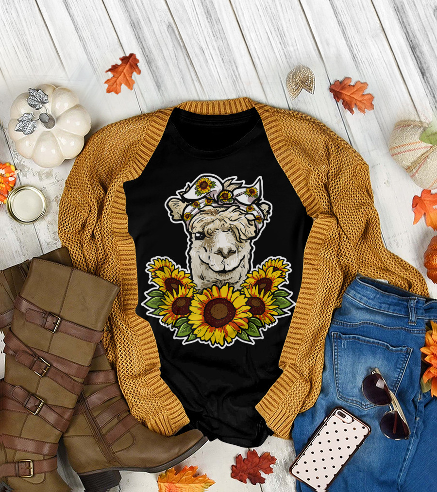 Cute Alpaca with Sunflower Headband and Floral Decor Llama Love T-Shirt