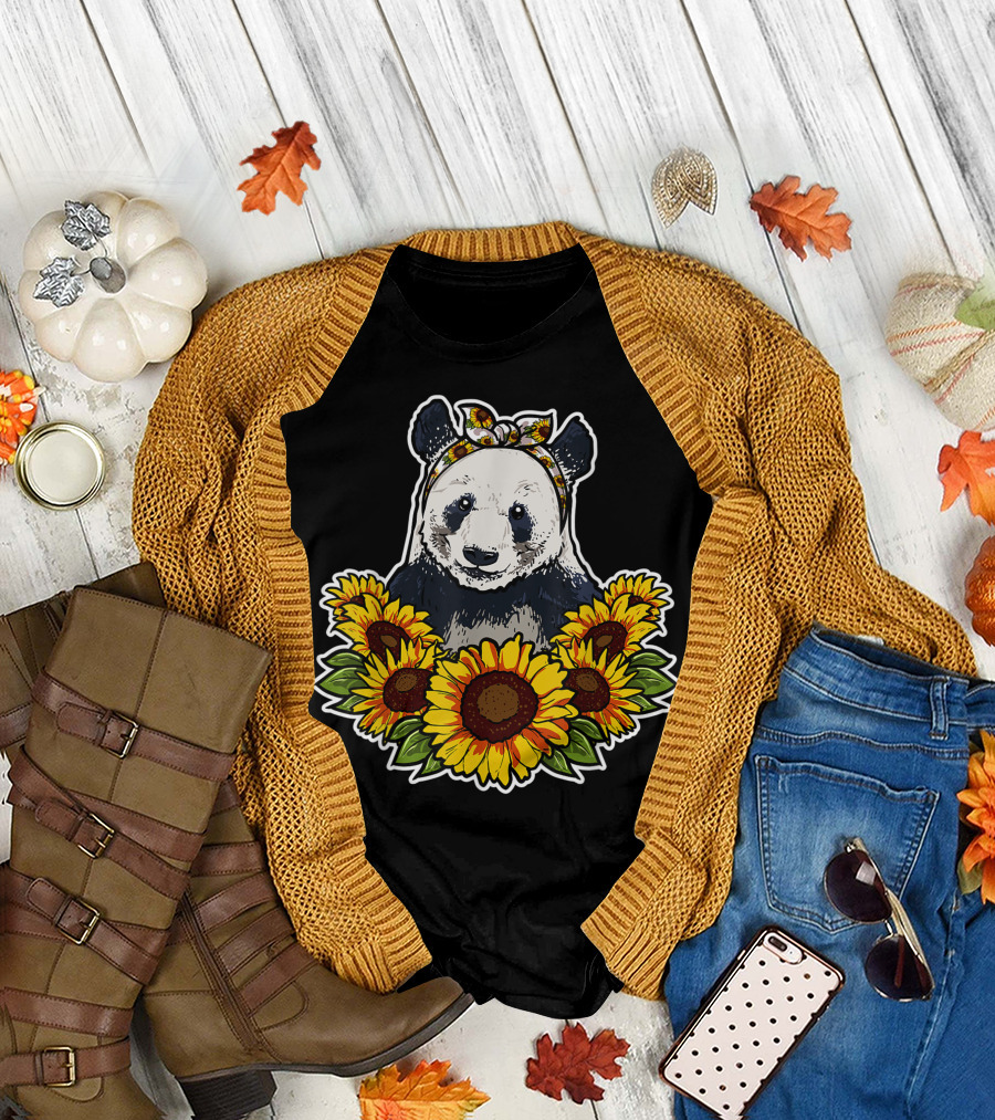 Cute Panda with Sunflower Headband Surrounded by Sunflower Decor T-Shirt