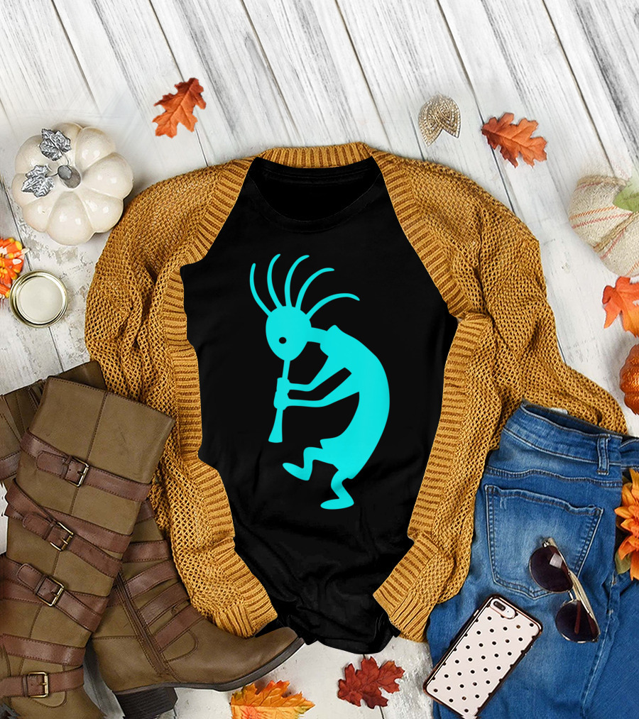 Cyan Blue Kokopelli Native Southwestern Petroglyph T-Shirt