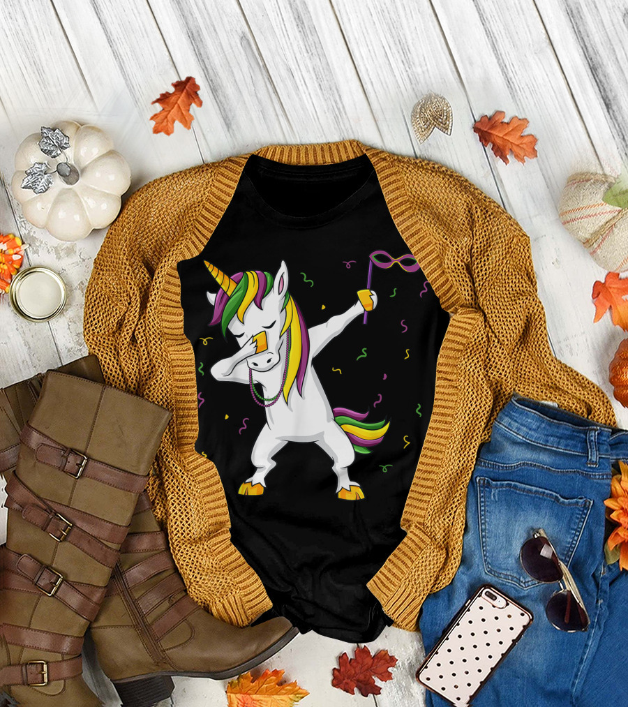 Dabbing Unicorn Mardi Gras Girls Kids Dab Mask Confetti T-Shirt