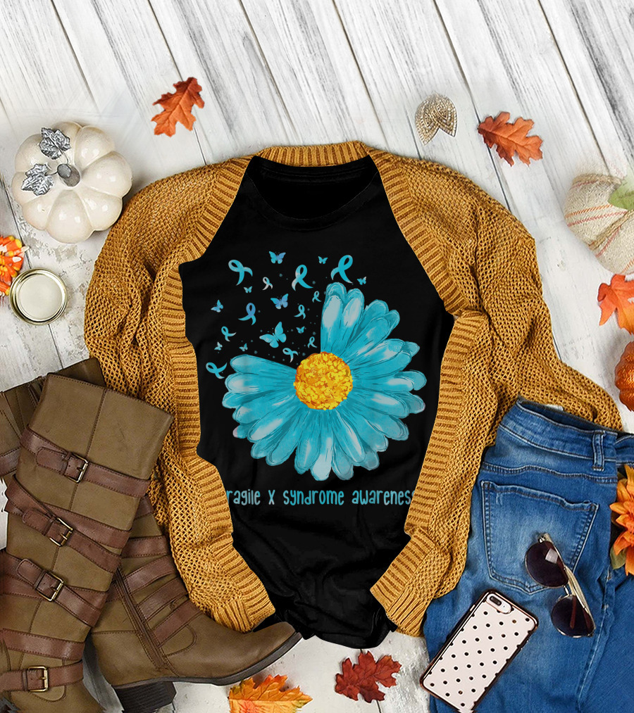 Daisy Butterfly Teal Ribbon Fragile X Syndrome Awareness T-Shirt