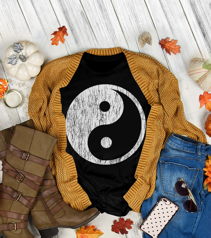 Distressed Yin Yang Symbol Black and White Texture T-Shirt