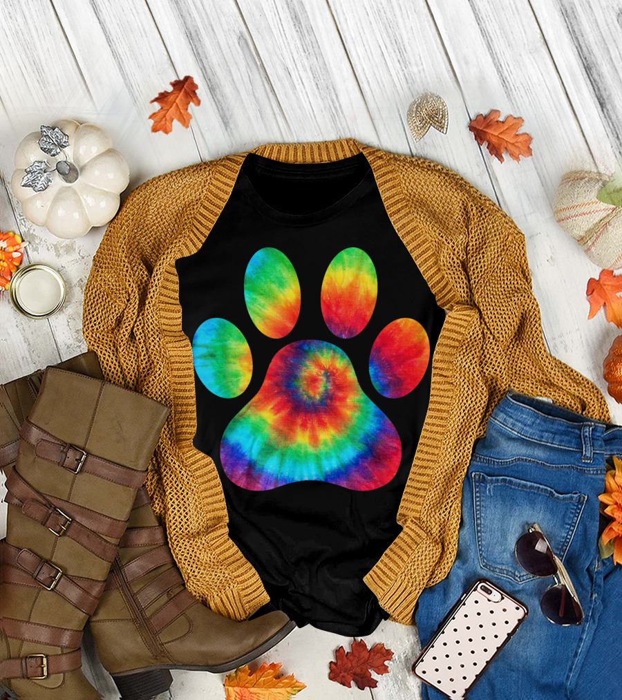 Dog Cat Paw Ocean Tie Dye Rainbow Multicolor Print T-Shirt