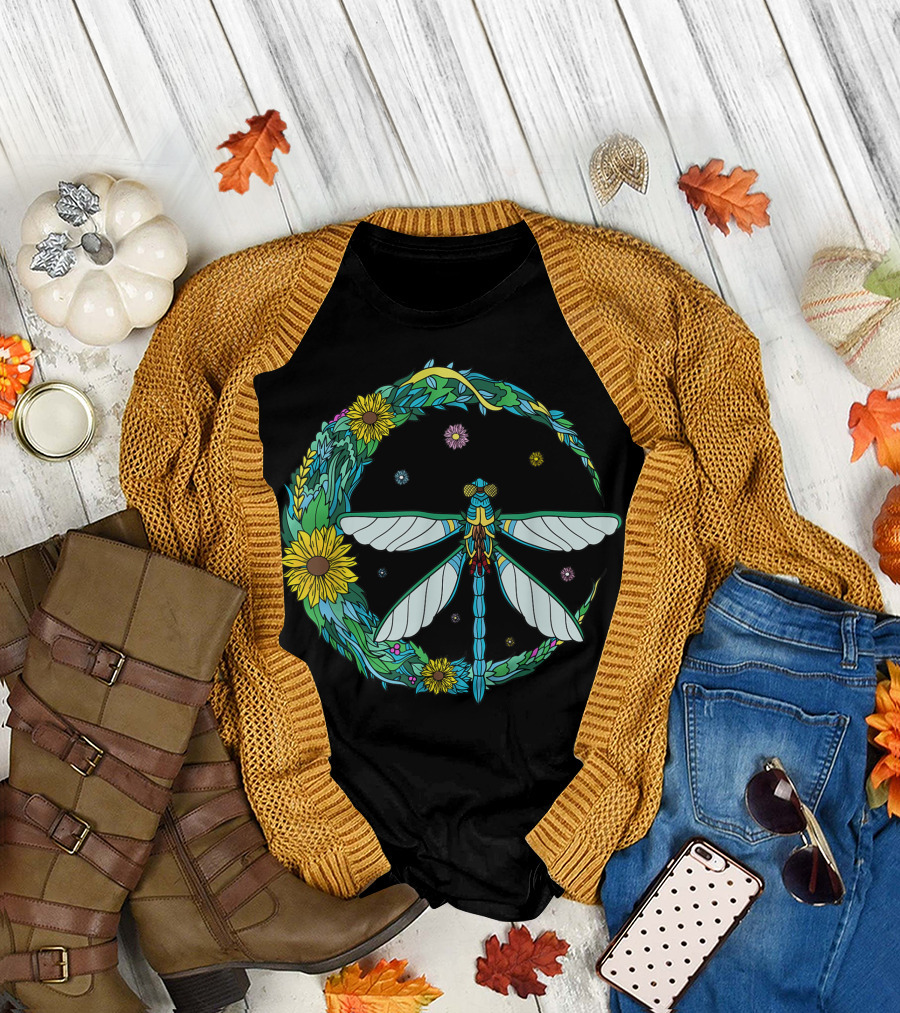 Dragonfly Blue Moon Peace Sign with Vintage Hippie Sunflowers T-Shirt