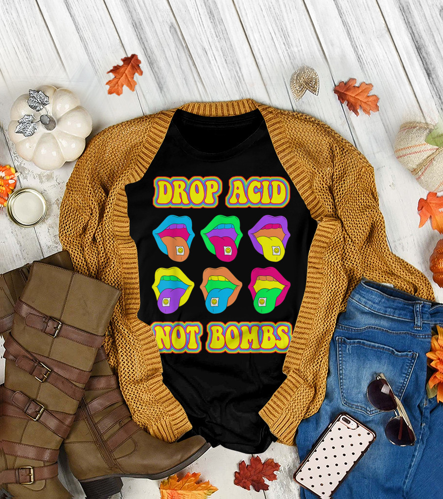 DROP ACID NOT BOMBS Trippy Colorful Tongues Psychedelic LSD T-Shirt