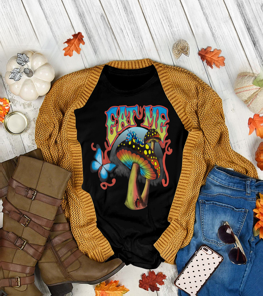 EAT ME Magic Mushroom Psychedelic Caterpillar Butterfly T-Shirt