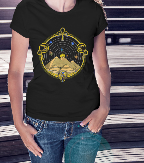 Egyptian Pyramids Ankh Symbol Eye Of Horus Sacred Geometry Cosmic Universe Planets Sphinx T-Shirt