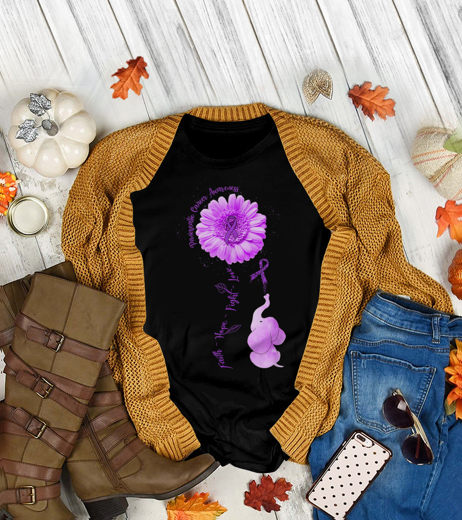 Elephant Faith Hope Fight Love Pancreatic Cancer Awareness Purple Flower T-Shirt
