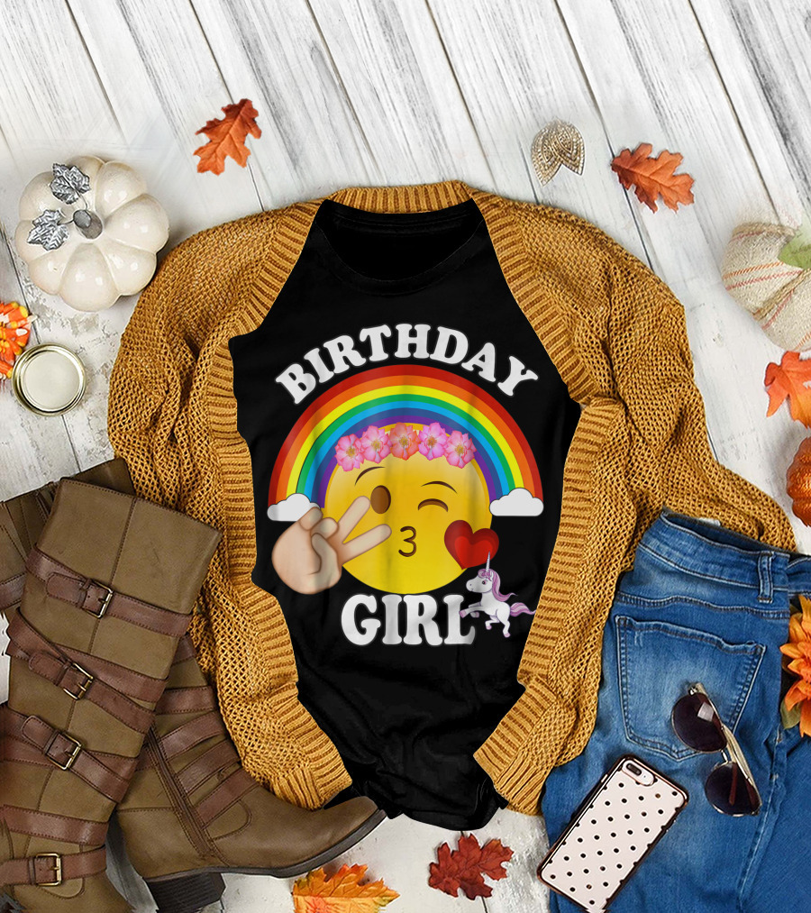 Birthday Girl Emoji Unicorn Rainbow Heart Kiss T-Shirt