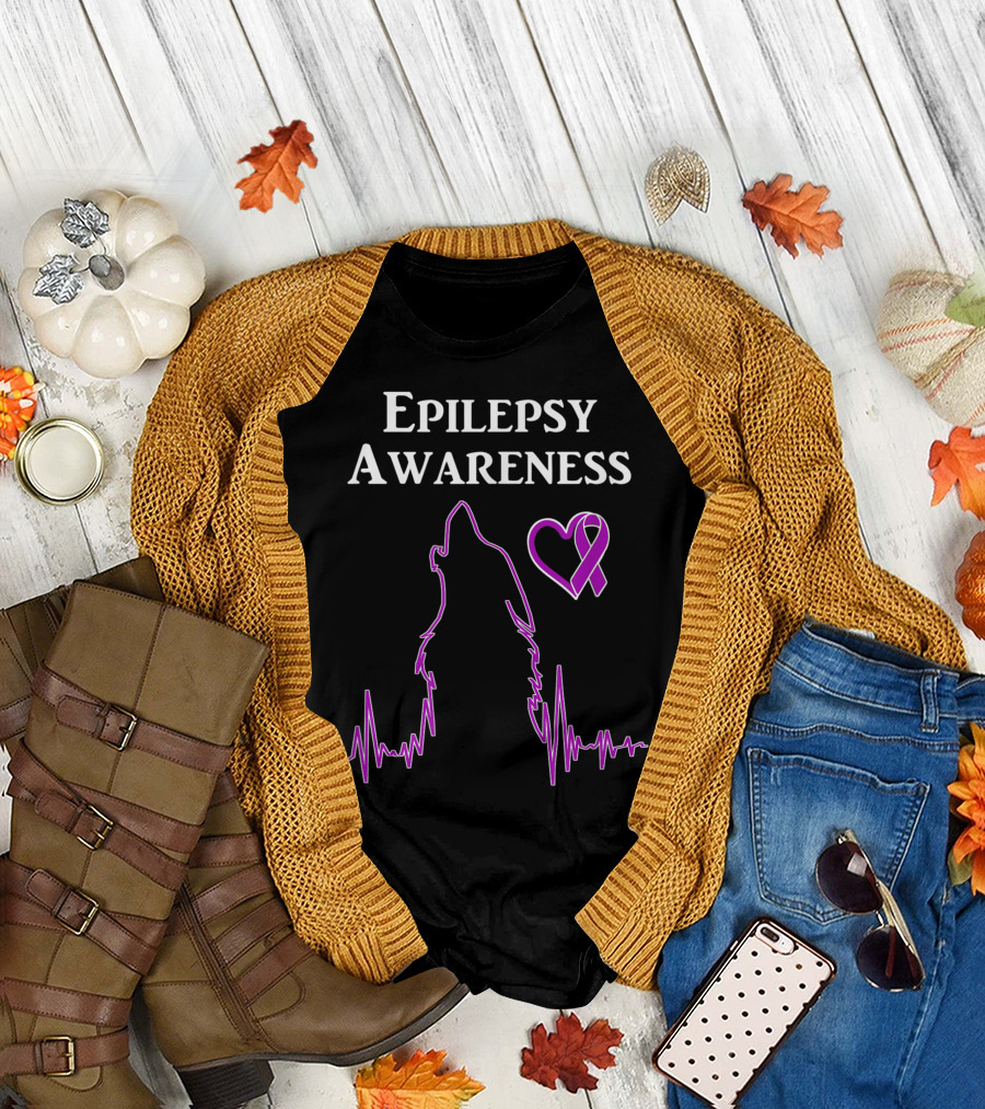 Epilepsy Awareness You Are Not a Lone Wolf Heart Ribbon Wolf EKG T-Shirt