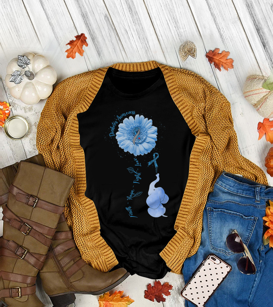 Faith Hope Fight Love Diabetes Awareness Sunflower Elephant T-Shirt