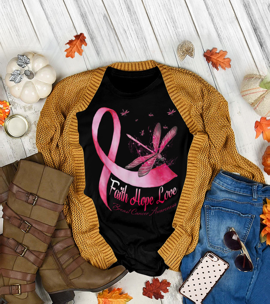 Faith Hope Love Breast Cancer Awareness Pink Ribbon Dragonfly T-Shirt
