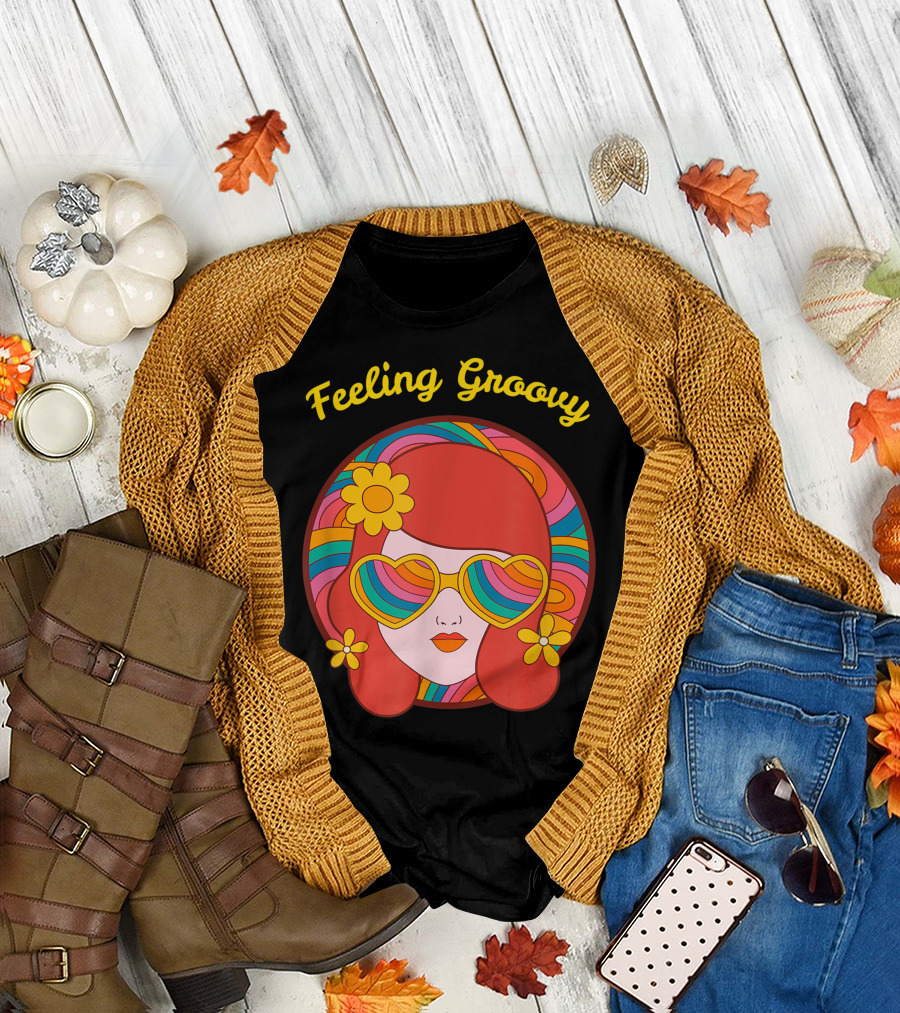 Feeling Groovy Hippie Boho Girl with Striped Sunglasses and Flowers T-Shirt