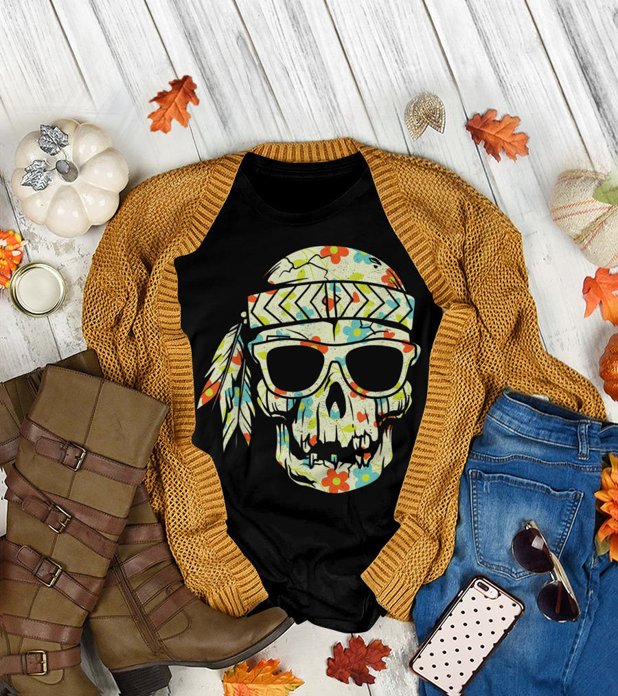 Floral Skull With Sunglasses and Headband Hippy T-Shirt