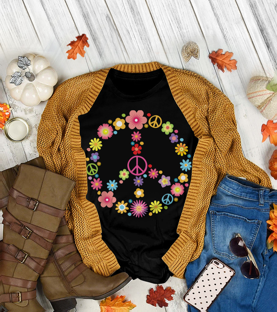 Flower Power Peace Sign Love Trippy 60s 70s Floral T-Shirt