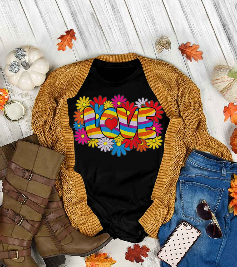 Flower Power Love Rainbow Heart Daisy Burst T-Shirt