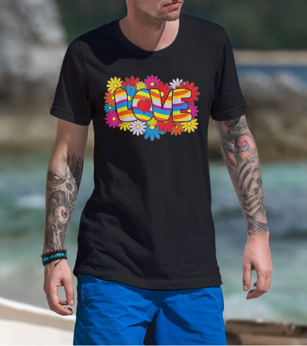 Flower Power Love Rainbow Heart Daisy Burst T-Shirt