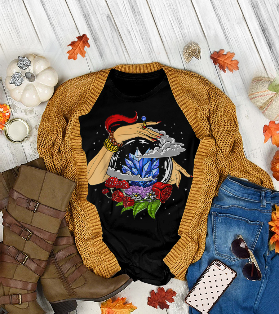 Fortune Teller Crystal Ball Psychic Witch with Red Roses and Spiritual Flowers T-Shirt