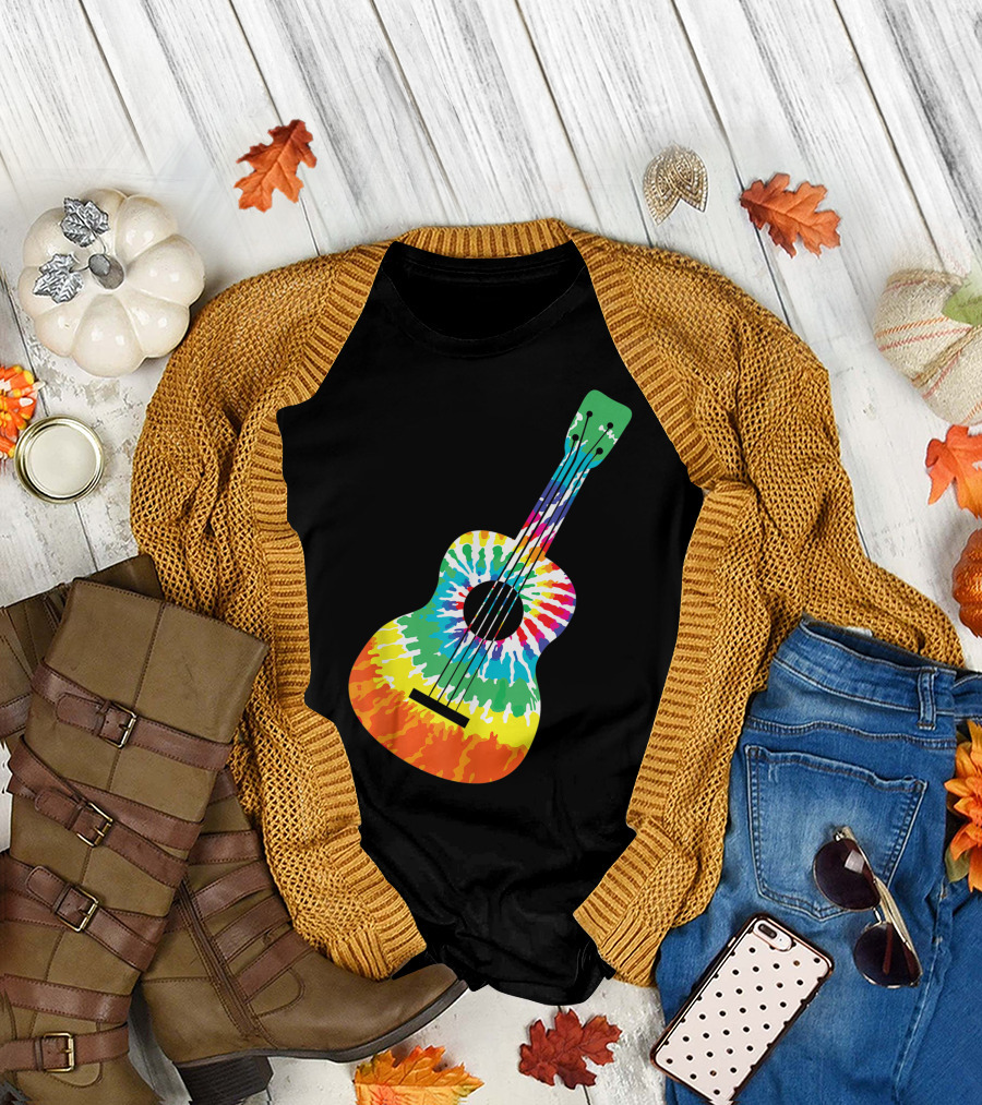 Fun Colorful Hippie Tie Dye Rainbow Acoustic Guitar T-Shirt