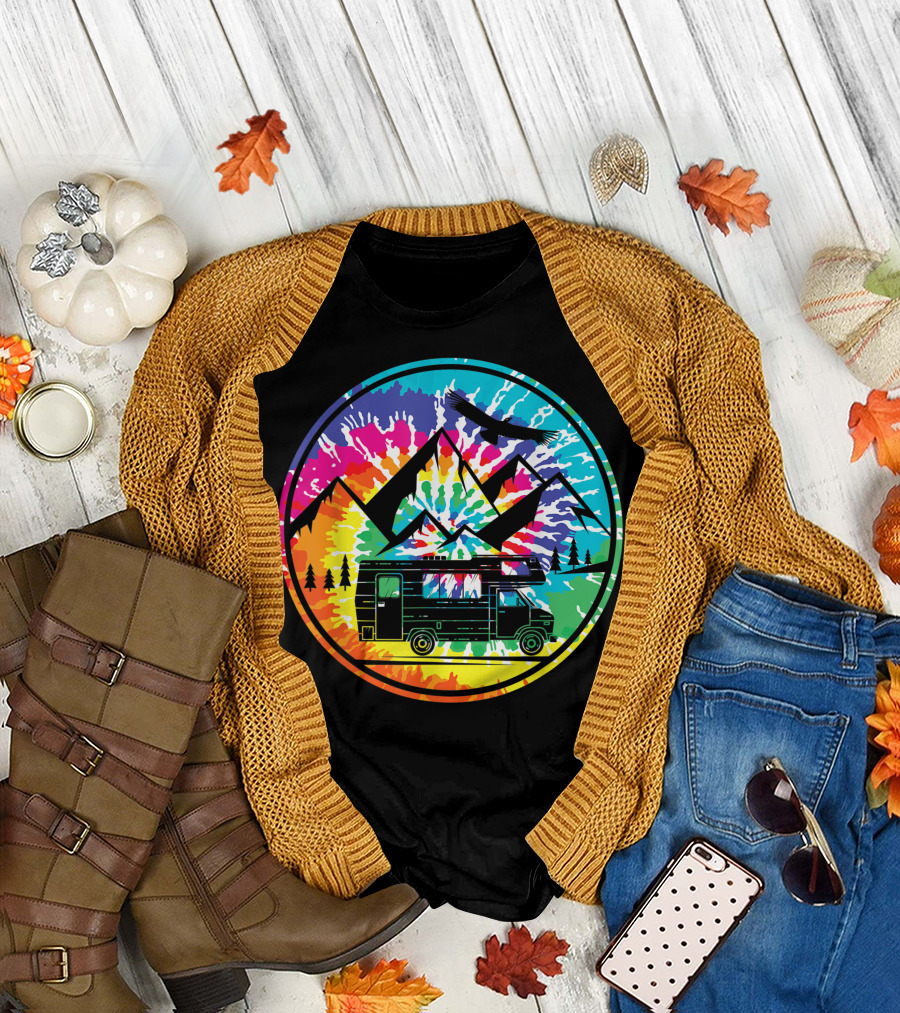 Hippie Rainbow Tie-Dye RV Adventure with Mountain Scene and Eagle T-Shirt